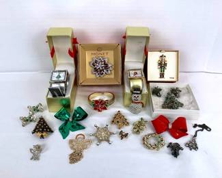 BIHY210 Vintage Christmas Holiday Jewelry Monet Bronze Emael Flower Brooch. Couple of holiday watches that still have their boxes. Lots of different kind of holiday pins, brooches and more.
