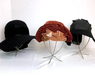 BIHY219 20s  30s Ladies Hat Trio Copper velvet, probably colored, dated in the 1920's, Landsco model by Fashion Favorites. Black felt with a black ribbon style around the hat, '
