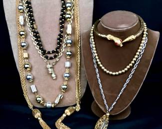 BIHY904 Vintage Necklaces From The 80s 90s  More Boucher Etruscan style necklace, Cadoro silver & gold colored necklace, snake choker, metal bead necklace, Park Lane ST gold & silver tassel pendant necklace, and more.
