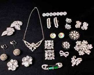 BIHY900 Vintage Rhinestone Jewelry 1 necklace, 9 pins/brooches, and 7 pairs of earrings.
