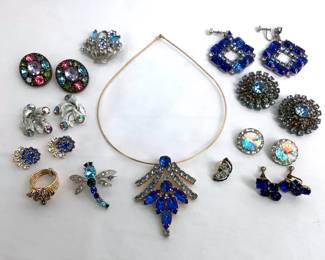 BIHY215 Vintage Blue Rhinestone Costume Jewelry Costume jewelry of earrings, pins, necklaces and a ring. Mostly with blue rhinestones.
