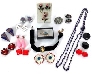 BIHY218 Funky Costume Jewelry Earrings, Pins, and necklaces. Molded 4 sided glass Czech glass necklace. Elephant pin from Australia.
