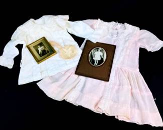 BIHY915 Antique Dresses With Original Photos Photograph dated April 7, 1905 shows pink with lace eyelet dress. &nbsp;Photo dated March 1901 depicts white suit with lace collar. &nbsp;Additional light pink dress and crouched purse included. &nbsp;Some stains due to age
