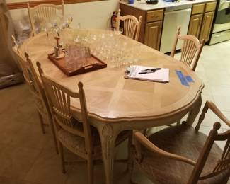 Dining room set by Century Furniture; 6 chairs, 3 leaves and table pads
