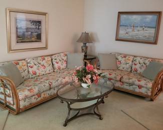Retro rattan sofa & loveseat; mirrored coffee table and two matching end tables 