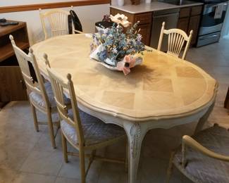 Dining room set by Century Furniture; 6 chairs, 3 leaves and table pads