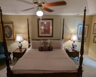 King size mahogany rice bed, with twin power adjustable mattresses, pair of two-drawer mahogany nightstands, Asian-inspired porcelain table lamps and more assorted artwork.