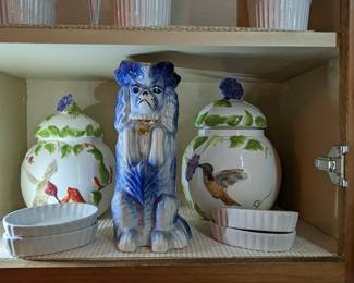 Begging dog pitcher, pair of flora/fauna ceramic canisters and nice ramekins for your proprietary sauces.