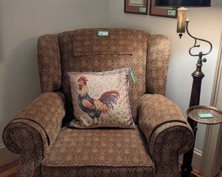 Comfy meemaw armchair, with vintage Frederick Cooper Asian-inspired floor lamp and collection of framed botanicals. 