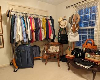 Triptych of vintage Parisian street scenes, men's dress shirts, hats and women's handbag collection.