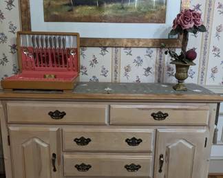 Canadian natural wood buffet, set of vintage silverplated Rogers Bros. flatware and original landscape artwork, nicely framed/matted.