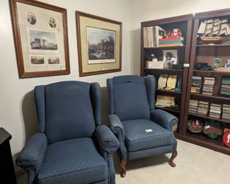 Decent pari of upholstered Barcalounger recliners, bookcases with books, vinyl records, CD's, etc.