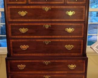 Wonderful Banded mahogany highboy, by White Furniture Co., Mebane, NC.