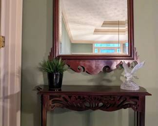 Mahogany side table and good mahogany Chippendale wall mirror, with beveled glass.