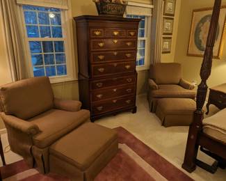 Nice pair of freshly upholstered comfy armchairs, with matching ottomans.