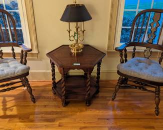Hexagonal wood side table, with barley twist legs,  and pair of Windsor chairs, both by Ethan Allen and a three-light brass bouillotte table lamp with metal shade.