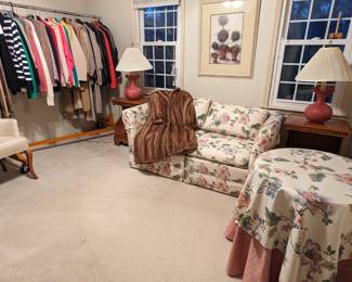 Clothing emporium with women's clothing (sizes 10-12), shoes, furs, hats and accessories,  lovey floral love seat (don't fret, there's also a matching couch!) pair of wooden end tables and matching table lamps.