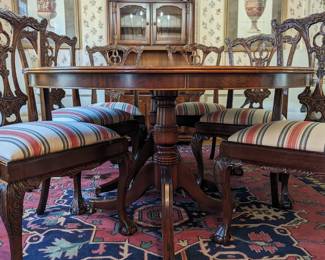 View of the rare Bevan Funnell, Ltd. flame mahogany dining table and matching side chairs, from Pineapple House, $3,766.00, in 1986.