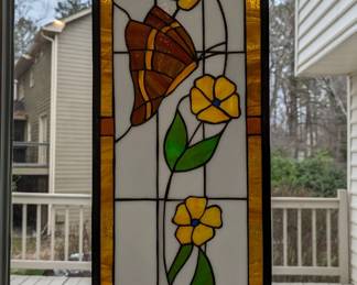 Rectangular stained glass panel, w/flowers, butterflies. 