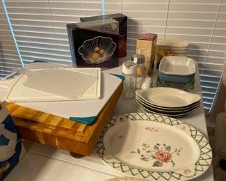 cutting boards, platters, salt & pepper, wire basket, corn holder, baking dishes