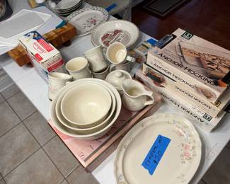 Coffee mugs, creamer & sugar, platters, baking dishes