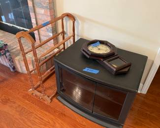 blanket stand, tv stand, clock