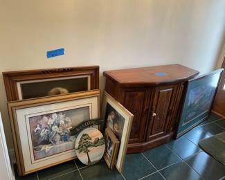 framed pictures, and Foyer cabinet