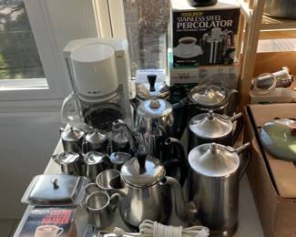 Coffee percolators and serving carafes.