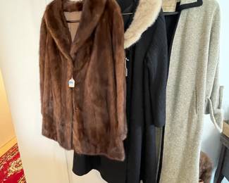 Vintage mink jacket, fur-collared wool coat and wool trapeze jacket.