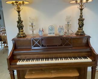 Lovely Kohler & Campbell upright piano and matching bench. Pair of vintage "cherub" brass table lamps.