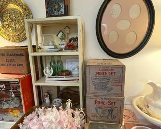 Multiple vintage punch bowl sets, including Anchorglass, Culver and Wexford.