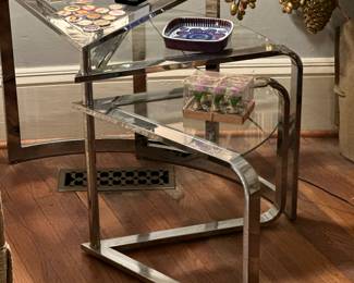 Mid Century Modern Milo Baughman for DIA chrome and glass wedge nesting tables. 