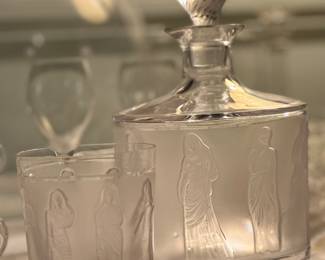 Signed Lalique Femmes Frosted Crystal Decanter & Glass 