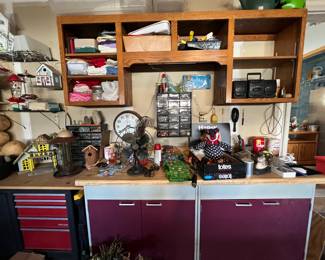 Garage items bird house shelving units and Craftsman tool bench