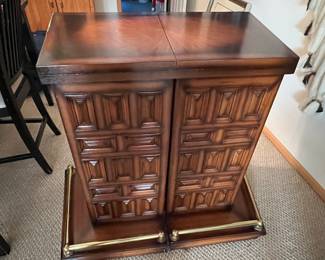Closed  Backside Mid Century Bar Cabinet, Inlaid Marble, Carved, Folding Top, Dry Bar