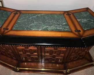 Open  Mid Century Folding Bar Cabinet, Inlaid Marble, Carved, Folding Top, Dry Bar