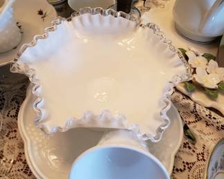 Fenton Milk Glass with Clear Glass Ruffle Trim