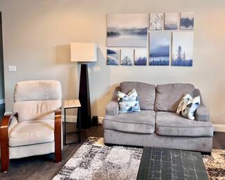 Living Room Furniture, Loveseat, End Table, Floor Lamp, Area Rug, Chair and Décor 