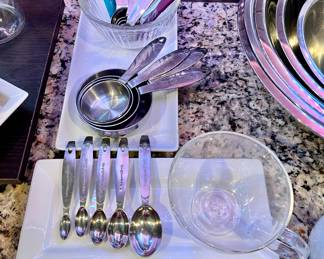 Stainless Steel Measuring Cups and Spoons, White Platters, Godinger Mug