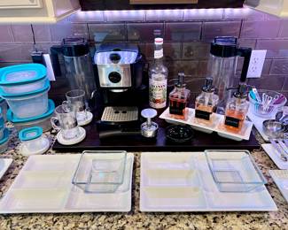 Espresso Machine, White Serving Platters, Teal Tupperware, Coffee and Espresso Flavoring