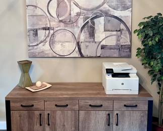 NBF Urban Four Drawer Storage Credenza 72” x 21” D Weathered Walnut Laminate Top/ Black Accents, Console Table, Art and Décor 