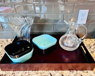 Crystal Butterfly Pitcher, Mikasa Vase, Bowls and Serving Tray