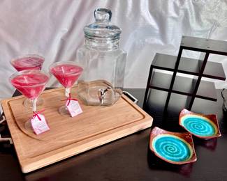 Cutting Board, Drink Dispenser, Martini Glasses, Shelf and Dishes