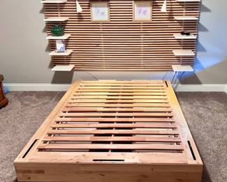 Wooden Platform Bed with Wall Mounted Headboard with Shelving