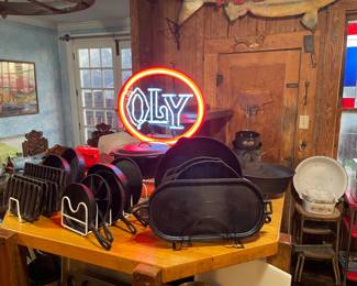 Cast-iron, skillets, neon signs