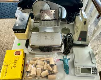 Chrome Digital Scale, Giraffe Head Wall Hanger, Vintage Toaster, Meat Slicer, Hand Vac, Shoe Shine Supply Box