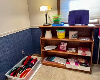 Vintage Ball Caps w/ Logos, Office Desk Lamp, Wooden Bookcase…