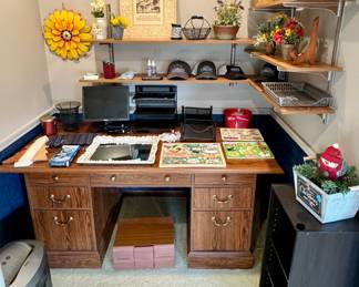 Custom Made Wooden Desk, Ball Hats, Cassette Storage, Shelving, Monitor, Office Supplies, Shredder, Seashell Mirror, Flower Arrangements, Christmas Decor, Wall Art, Wooden Kids Puzzles