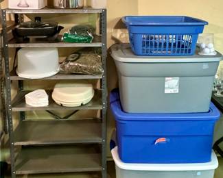 Storage Shelves, Plastic Tubs, Electric Skillet, Large Pot w/ Lid, Glass Fruit Bowl…