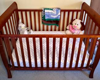 Beautiful Wooden Sleigh Style Baby Crib, Plush Toys, MSU Blanket